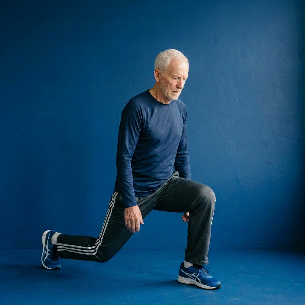 Older man stretching legs with one knee bent in a lunge position